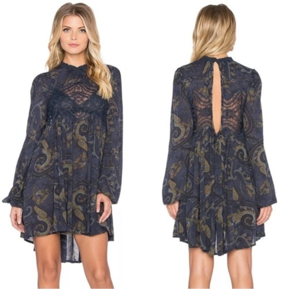 Free People Midnight Blue Creme Floral Sweet Thing Tunic Mini Dress L Fairy Boho
